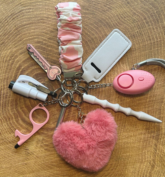 Pink Cowprint Scrunchie Safety Keychain