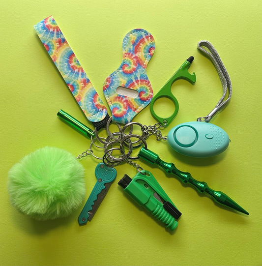 Green and Teal Tie-Dye Safety Keychain